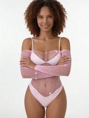 Hot Pink Mesh Bodysuit Rhinestone Sparkles